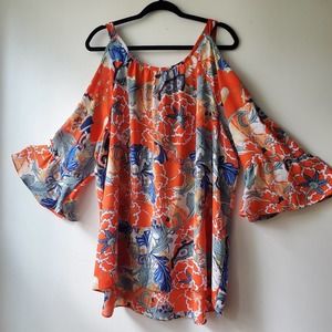 Peter Nygard Cold Shoulder Tie Front Blouse in Bright Oranges & Blues Plus Sz 22